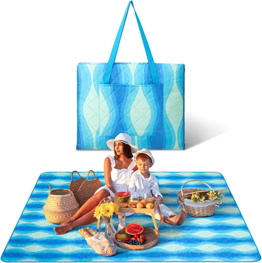 #WEJOY 3 in 1 Outdoor Picnic Blanket, Padded 3 Layers Beach Blanket, 80x60'', 4 Person, Easy to Fold, Waterproof for Lawn,Camping, Park (Blue)