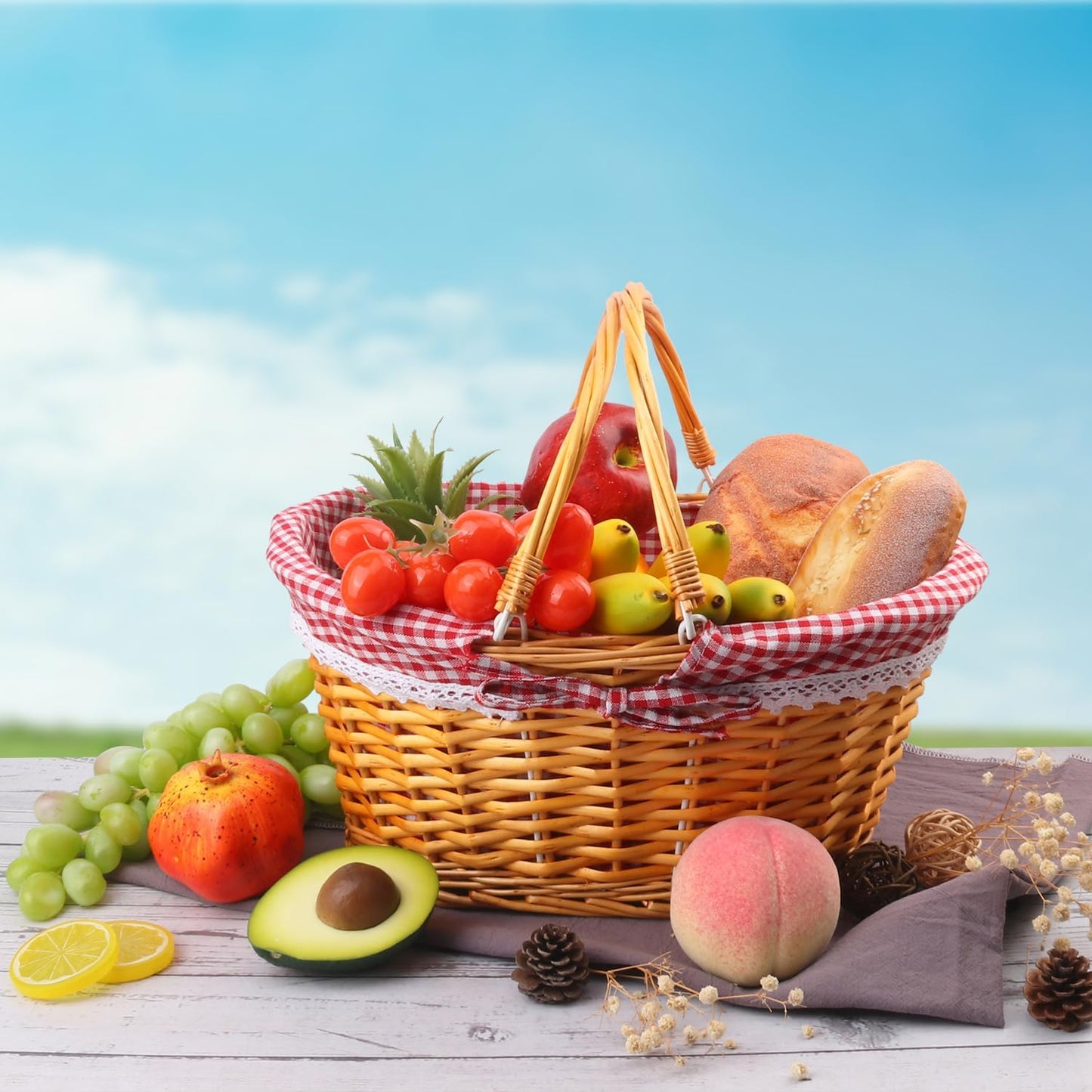 1 Pack 14.2 Inch Natural Wicker Basket with Checkered Lining, Oval Wicker Woven Basket with Handle, Willow Woven Picnic Baskets for Picnic, Camping, Party(Large)