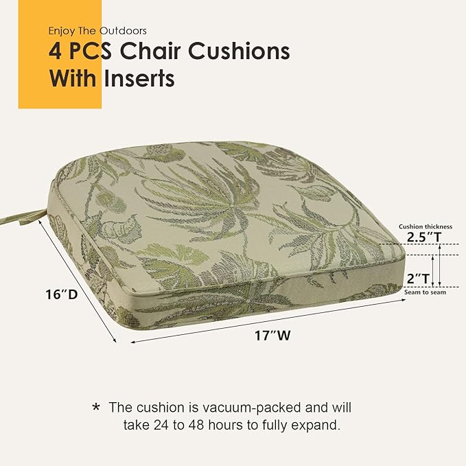 Outdoor Round Corner Seat Cushion, 17"x16"x2", Set of 4, Non Slip Seat Cushion Pads with Removable Cover for Patio Furniture, Garden Yard Lawn, Dark Green Vine