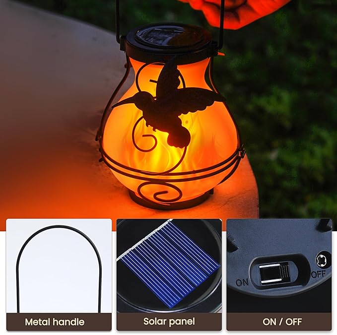 2 Pack Solar Flickering Flame Lights,Outdoor Upgraded Metal Lantern for Hanging Solar Powered Waterproof LED Flame Glass Lanterns for Patio Garden Christmas Halloween Decorations