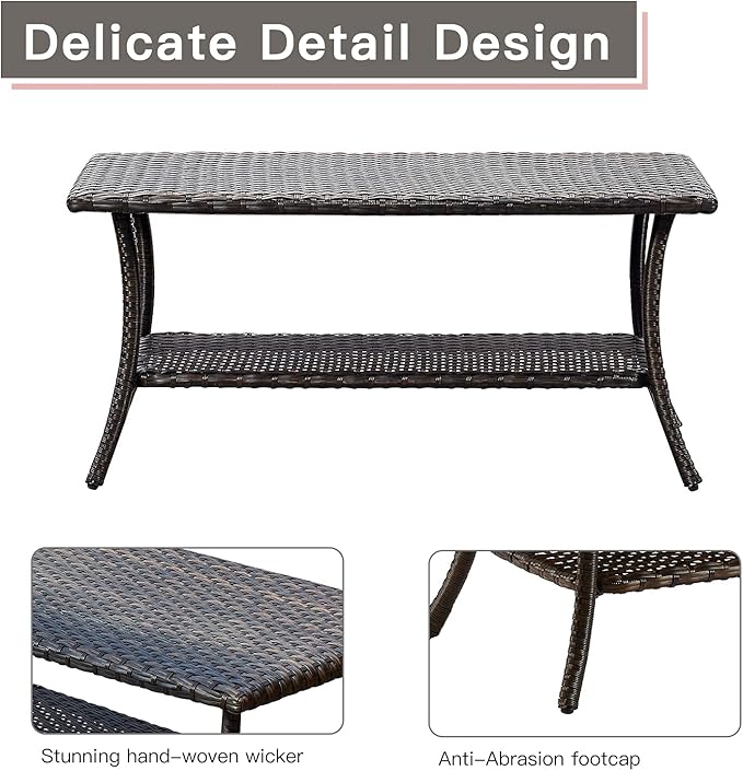 Patio Tables Outdoor Coffee Table - Wicker Rattan Coffee Tables with 2-Tier Storage Shelf Side Table for Porch Deck Balcony Garden Outside Rectangle Brown