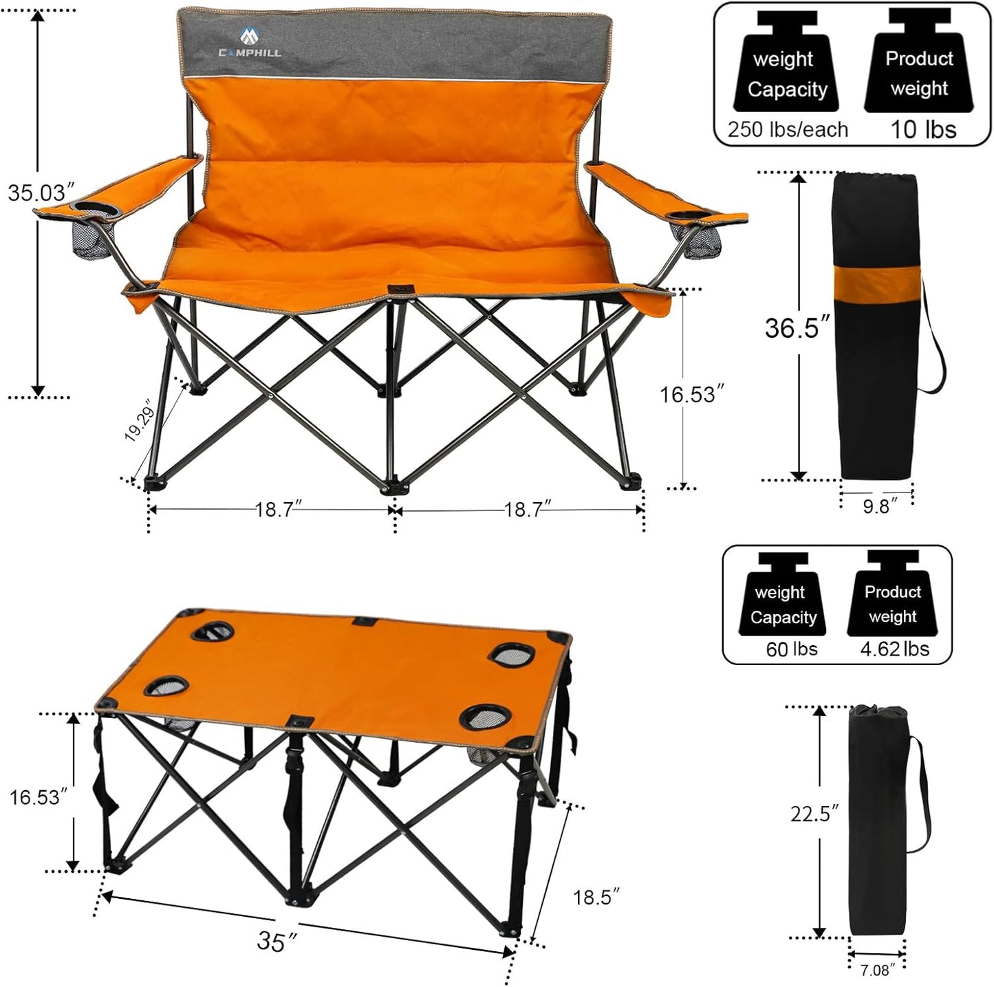 CAMPHILL Camping Chair Set of 3, Outdoor Folding Camping Chairs for Heavy People with Cup Holder & Carry Bag,Collapsible Chair Include One Sofa Chair and Two Single Chair,Support up to 500lbs