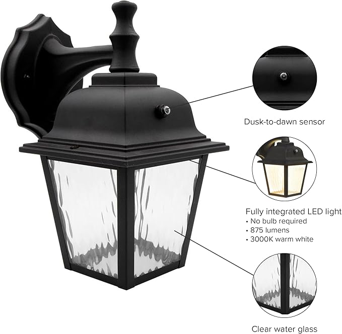 Maxxima LED Porch Lantern Outdoor Wall Light Fixture - Black, Clear Water Glass, Photocell Sensor, 875 Lumens, 3000K Warm White, Dusk to Dawn Light Sensor, Exterior Decorative Light