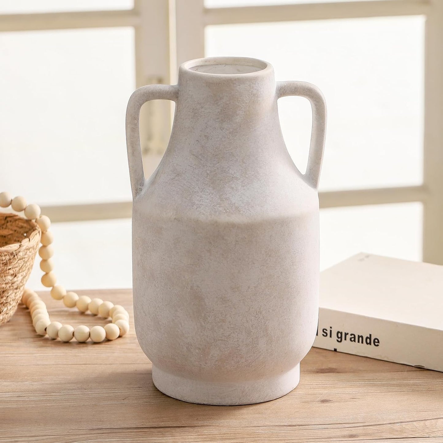 Mitt&Ditt Ceramic Flower Vase with Handles, 11 inch Tall Off-White Vase, Large Decorative Terracotta Vases, Farmhouse Rustic Pottery Vases for Home Decor, Living Room, Table