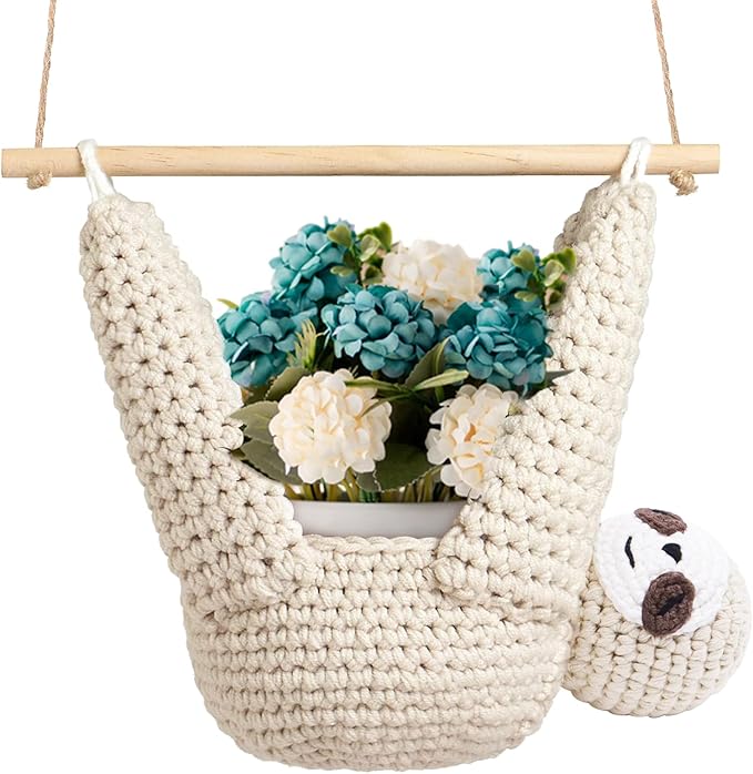 Macrame Plant Hanger Crochet Sloth Hanging Planter Sloth Gifts,5 Inch Animal Wall Hanging Plant Holder for Plant Sloth Lovers, Home Decor Indoor Outdoor Plants Succulent Gifts