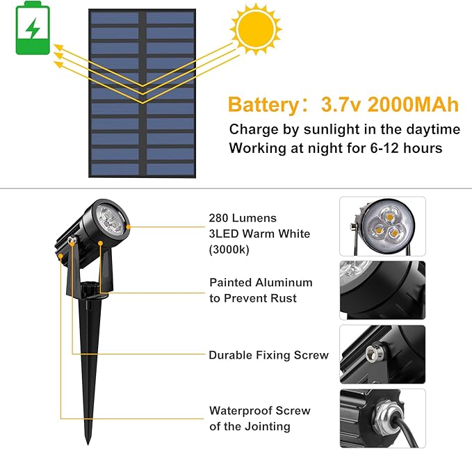 Solar Spot Lights Outdoor, Solar Landscape Spotlights IP65 Waterproof 9.8ft Cable, Auto On/Off Outdoor Wall Lights for Garden Yard Driveway Porch Walkway Pool (1-in-1 3000K Warm White 4 Pack)