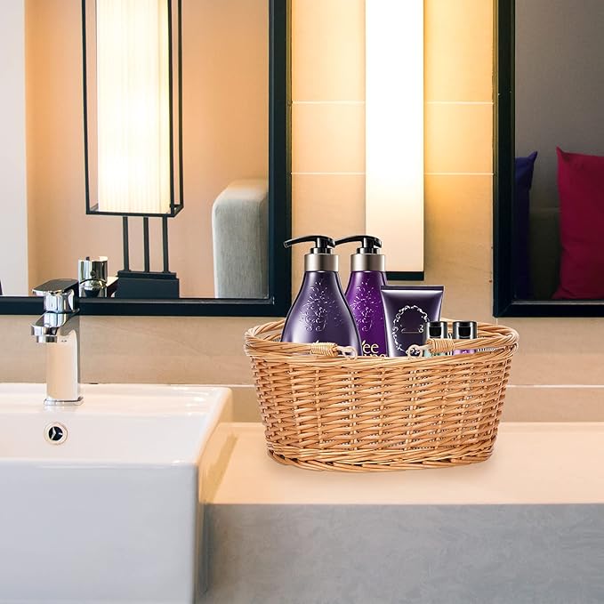 Wicker Picnic Basket with Double Folding Handles, Natural Large Willow Hamper Empty Basket Cheap Easter Eggs Candy Storage Wine Basket for Toy, Flower, Wedding（Grey 16inch）