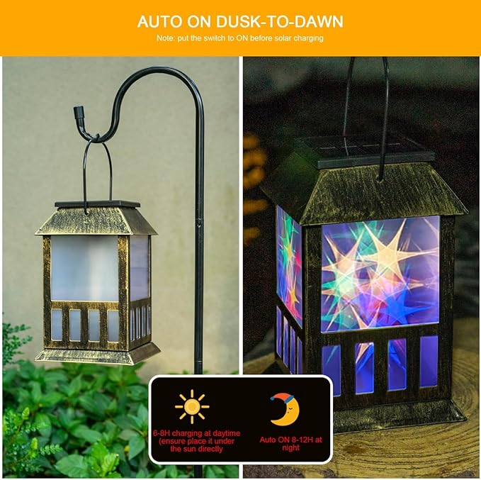 Solar Lanterns Outdoor Waterproof, 3D Star Lantern Light with Flashing Mode, Solar & USB C Charging, Metal Hanging Lantern for Wall Landscape Yard Patio Garden Driveway, RGB Light 2 Pack