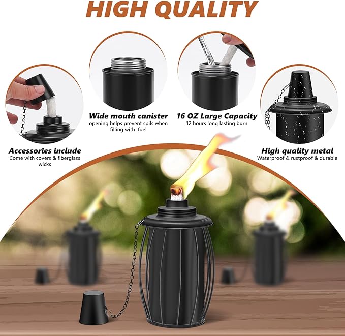 4-Pack Upgraded Torch Canisters,16oz Replacement Torch Refillable Canisters with Wicks,Caps, Outdoor Citronella Fuel Torch Canister for Luau Party, DIY Garden Decor.