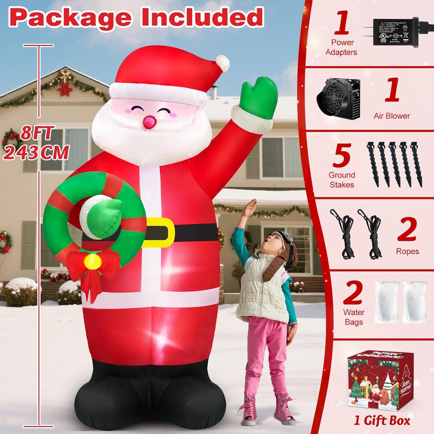 MICOCAH 8 FT Huge Christmas Inflatables Santa Claus Holding Garland Outdoor Decorations, Build in LEDs & Tethers Stakes Giant Inflatable Santa Blow Up Yard Décor for Holiday Xmas Indoor Patio Lawn