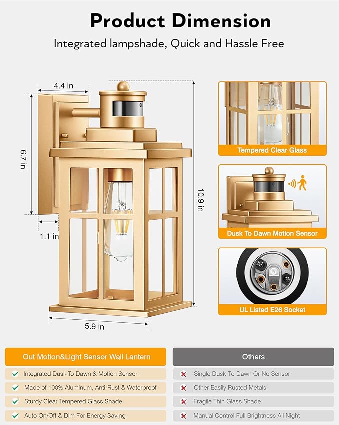 Motion Sensor Outside Lights for House, Modern Dusk to Dawn Outdoor Lighting, 2 Pack Gold Anti-Rust Outdoor Wall Lights with Transparent Glass, Waterproof Outdoor Porch Lights for House, Patio