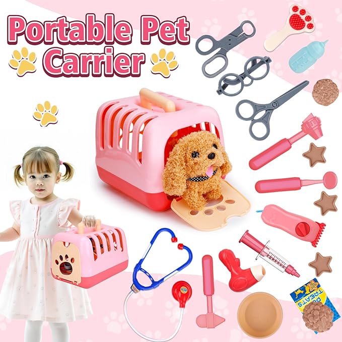 Tsomtto Interactive Dog Toy Walking Barking Veterinarian Playset for Kids Puppy Stuffed Animal with Carrier & Accessories Pretend Play Toys Vet Kit Electronic Pets 3 4 5 6 Year Old Girl