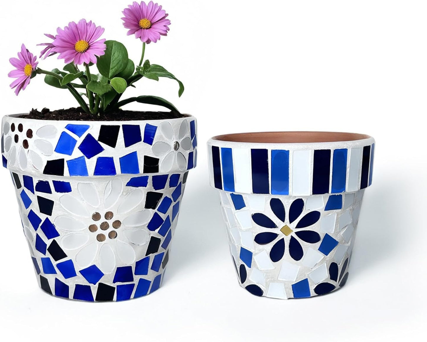 Lily's Home Set of 2 Flowerpots with Mosaic Pattern. Decorative Plant Pots with Drainage Holes for Indoor Outdoor, Perfect for Snake Plants, Succulents,Terracotta. Pots are 4 9⁄10 & 4 ¼ inch Height.