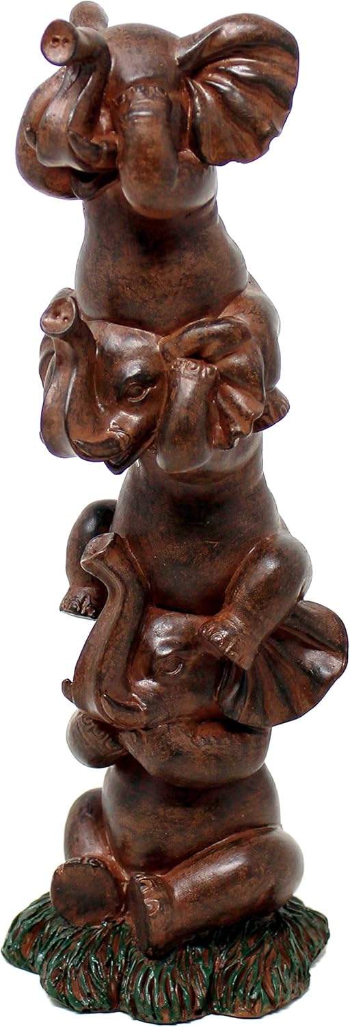 Nature's Mark See Hear Speak No Evil Elephants Totem Statue 9" Tall Jungle Safari Wildlife Acrobatic Elephants Figurine Decor Sculpture Pole Resin Home Decorative Accent (Brown)