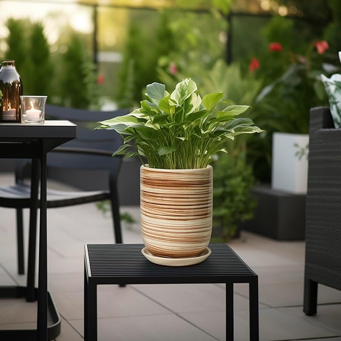 8 Inch Plant Pot, Ceramic Planter for Outdoor Plants, Large Plant Pot Indoor with Drainage Hole and Saucer, Modern Flower Pot for Home Garden Decor Yellow