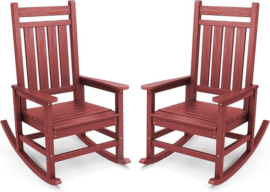 SERWALL Outdoor Rocking Chair Set of 2, HDPE Rocking Chairs for Adult, All Weather Porch Rockers for Lawn Garden, Crimson Red