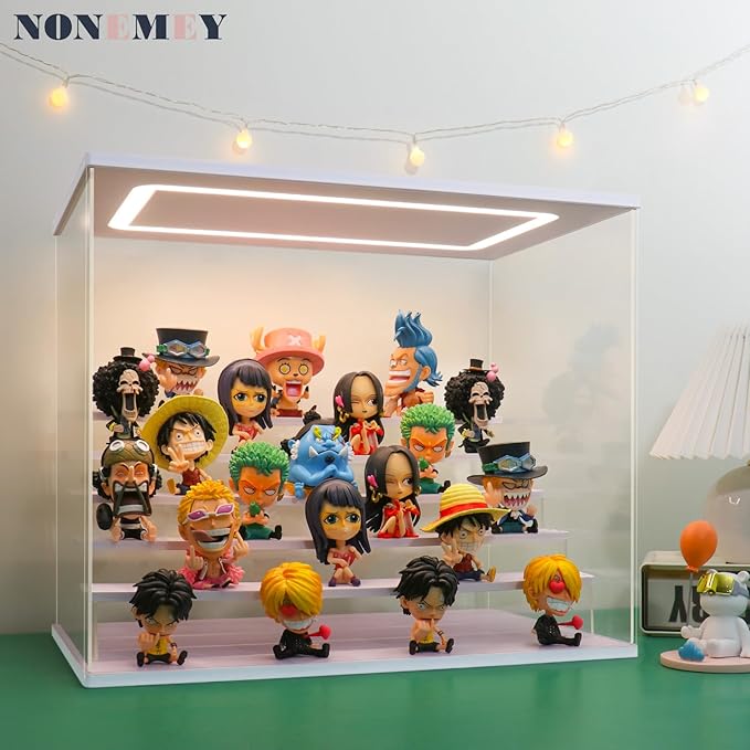 NONEMEY Clear Acrylic Display Case Stand with LED Light 2/3/4/5/6 Tier Storage Box Showcase Dustproof Organizer Box for Collectibles (White 6 Tiers 19.6 * 12.5 * 16.5inch)