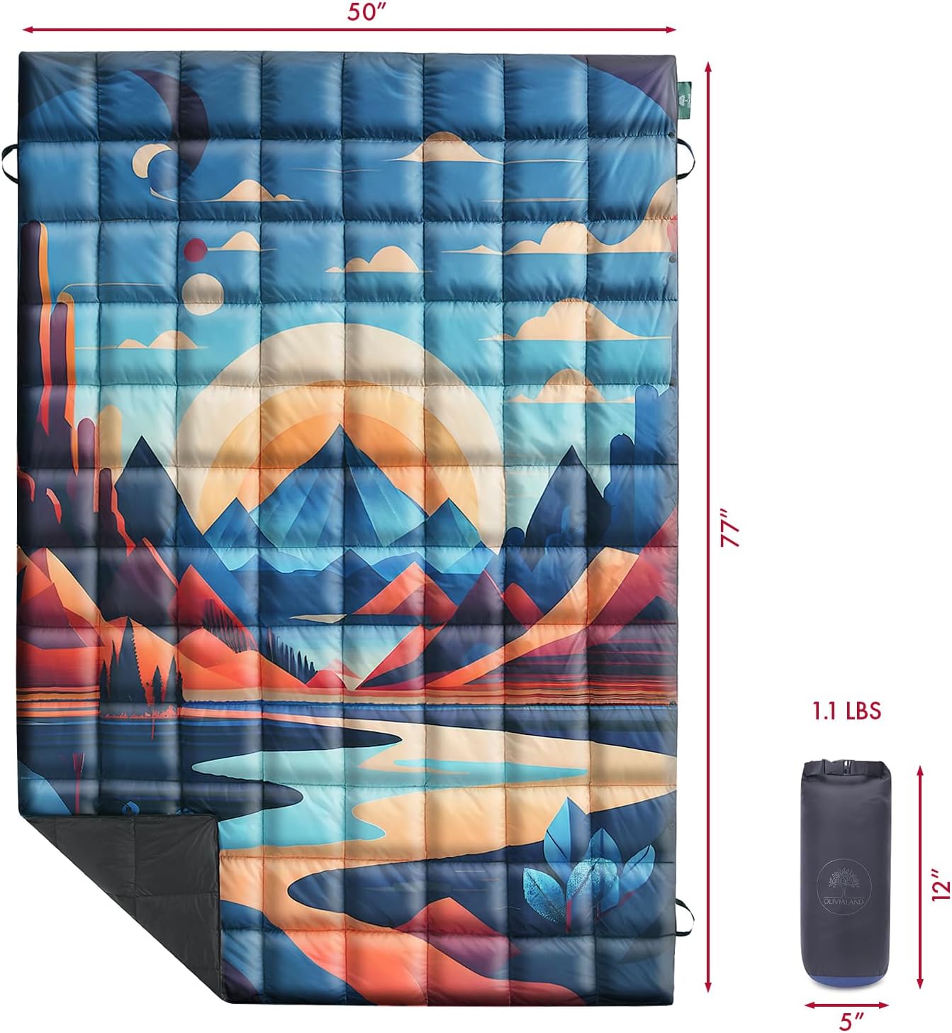 Down Camping Blanket, Ultralight Compact Packable Throw with Snaps for Outdoor Indoor, Travel Stadium Concert Picnic Beach, Puffy 650 Fill Down Water-Resistant Quilt (Mountain Sunset)