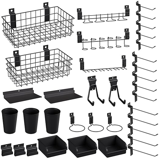 INCLY 30PCS Slatwall Accessories Set with Slatwall Baskets, Slatwall Hooks, Slatwall Shelves, Slatwall Bins, Slatwall Cups, Heavy Duty Slat Wall Accessory for Garage Room Shop Organizing Display