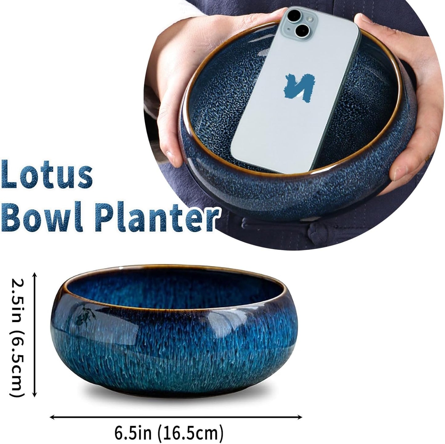 Oncpcare Lotus Bowl Planter – Ceramic Water Plant Pot Sacred Bonsai Bowl Lotus Flower, Shallow Glazed Vase for Lotus Seeds, Bonsai, Succulents, Hydroponic Plants (Blue)