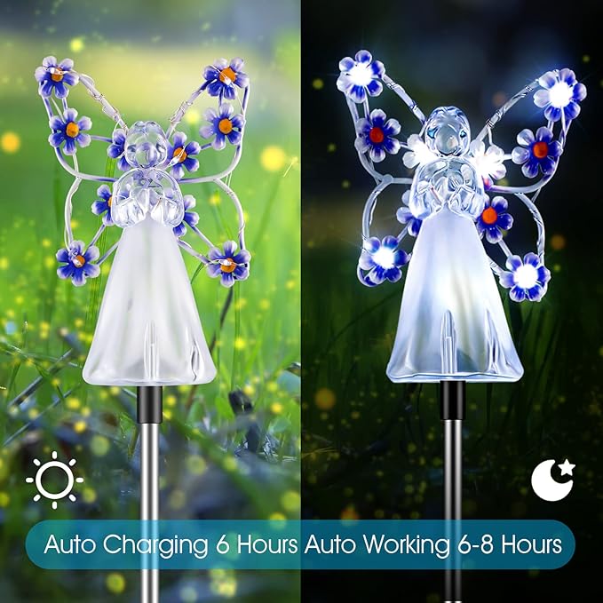 4 Pieces Solar Angel Stake Lights, Multicolor Angel LED Garden Decorations, Multicolor Garden Outdoor Solar Lights, Cemetery Decorations for Grave Yard, Memory Sympathy Gifts Favor