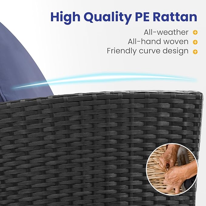 4 Piece Outdoor Patio Furniture Set,Wicker Conversation Sets Outdoor Sectional Patio Sofa Couch with Cushions & Coffee Table for Outside, Garden, Balcony, Porch,Black/Blue