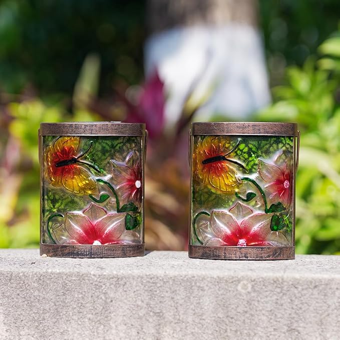 2 Pack Butterfly Solar Lanterns Outdoor Waterproof LED Hanging Solar Lights for Outside Tabletop Lamp for Garden Patio Decor
