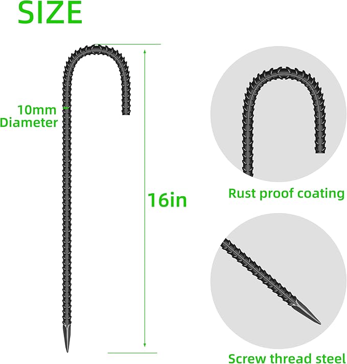 10 Pieces 16-Inch Garden Ground Stakes Galvanized Steel J Shape Hook Rebar Stake - Heavy DutyAnchors for Tents, Position Kits,Fences, and Trampolines