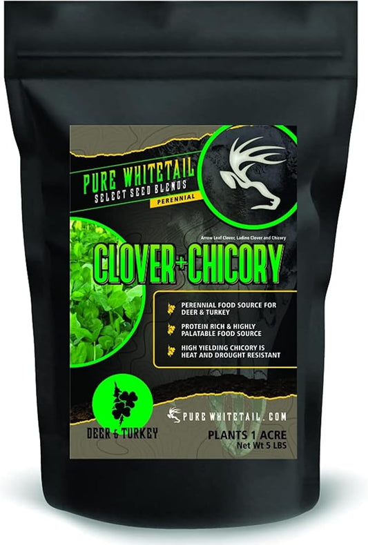 | Clover/Chicory | Select Seed Blends | All Season Whitetail Deer and Turkey Perennial Food Plot Seed | Drought Resistant | Easiest Turkey and Deer Feeders | 5 lb Bag | 2-Pack