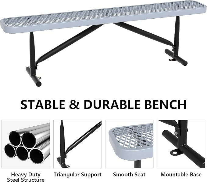 48" L Outdoor Steel Flat Bench, Heavy Duty Metal Park Bench for Outside, Expanded Metal, Commercial Benches Mesh Bench for Shopping Mall, Store, Lawn, Park, Patio, Deck, Garden (Grey, 6FT)