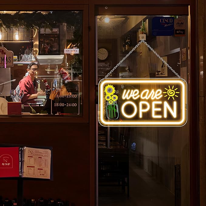 Neon We Are Open Signs for Business, 16.5x9'' Open Sign with Printed Flower and Sun, with ON/OFF Switch & Adapter, Warm White, Ideal for Window, Party, Wall, Bars, Coffee Shops, Salons, Clubs, Hotels