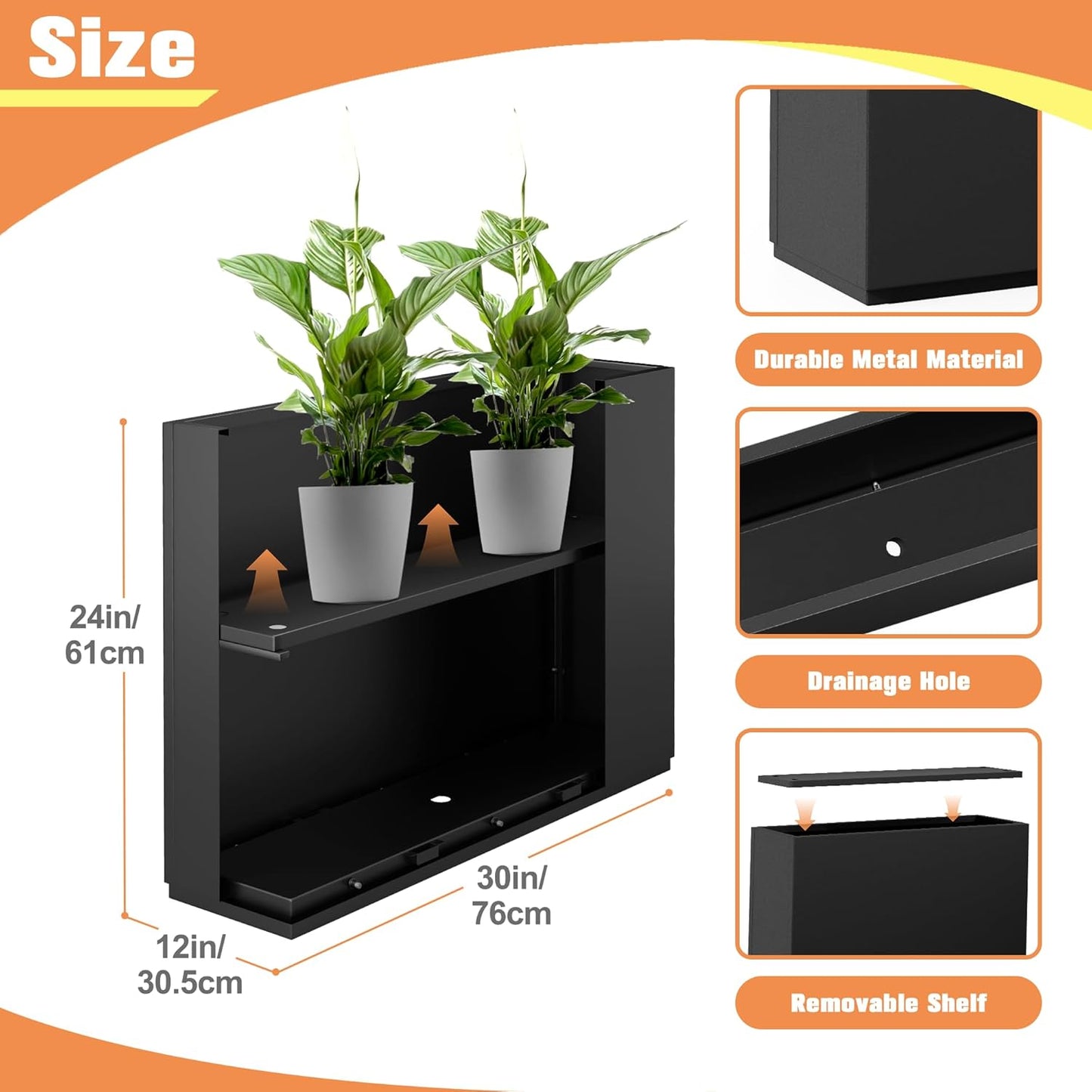 Rectangle Planter for Indoor & Outdoor, Tall and Long Planter Boxes with Drainage Holes, Mental Divider Planter Box All-Weather Use for Plants, Flowers, 29.9" L x 12" W x 24" H, Black