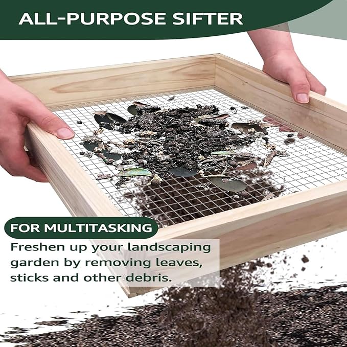 Soil Sifter,Dirt Sifter for Gardening Rock Sifter for Rocks Compost Sifter Wooden Sifting Screen,Garden Sieve for Pellet/Gravel/Soil/Leaves,Garden Tool 15.7" x11.8”x2.8” with 1/5” Mesh