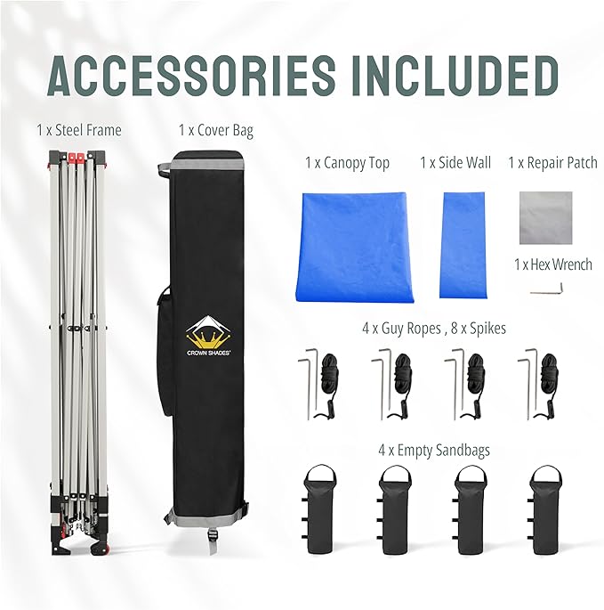 CROWN SHADES 12x12 Pop Up Canopy Tent Instant Commercial with 150D Silver Coated Fabric Including 1 Removable Sidewall, 4 Ropes, 8 Stakes, Weight Bags, STO 'N Go Bag, Blue