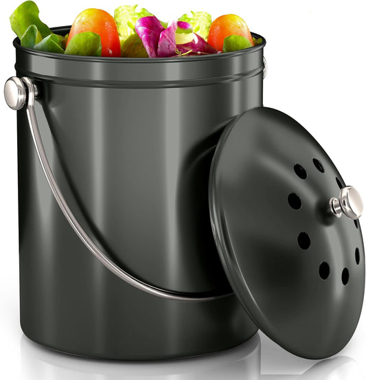 Utopia Kitchen Compost Bin for Kitchen Countertop, 1.3 Gallon Compost Bucket for Kitchen with Lid, Includes 1 Spare Charcoal Filter (Grey)