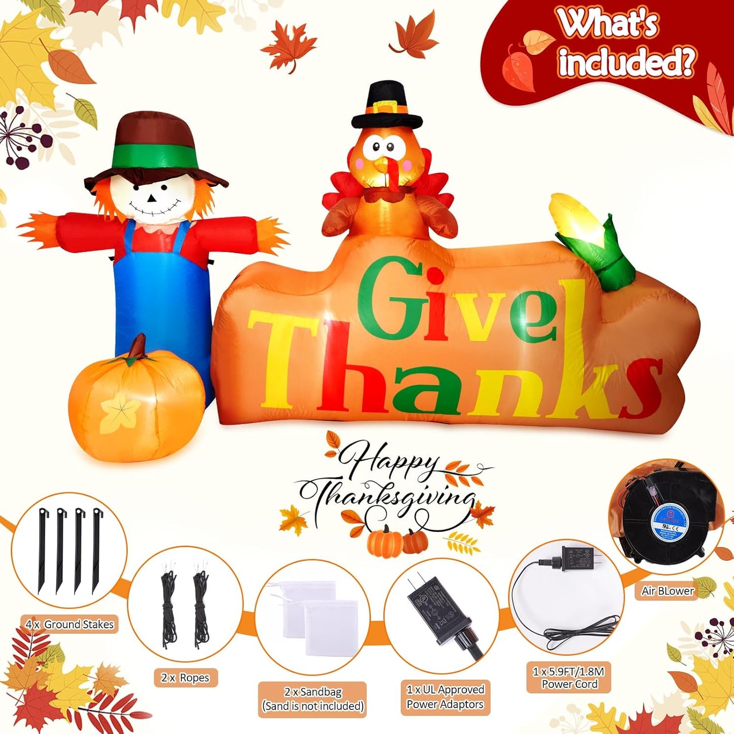 CAMULAND 8Ft Autumn Outdoor Built-in LED Inflatable Scarecrow and Turkey – Thanksgiving Inflatable Decorations Great for Home, Yard, Lawn – Warm Blow Up Décor for Fall Harvest Party