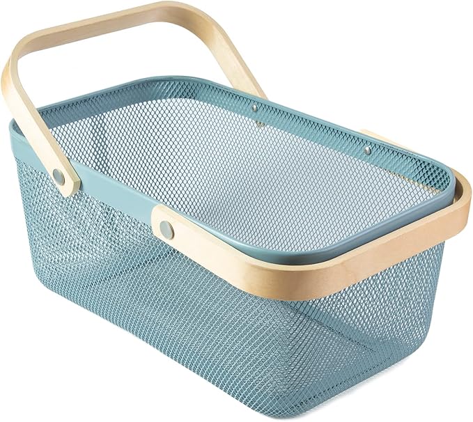 Portable Garden Harvest Basket-Mesh Design Natural Bamboo Handle Wire Storage Baskets,Mesh Basket with Handle Organize Items Reduce Space Occupation,Suitable for Kitchen,Garden,Picnic(Blue)