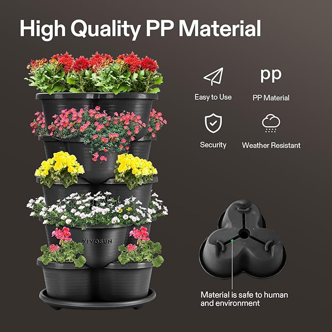 VIVOSUN 5 Tier Vertical Gardening Stackable Planter for Strawberries, Flowers, Herbs, Vegetables, Black