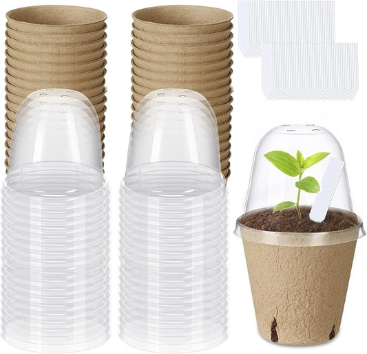 Aulock 36 Sets Plant Nursery Pots with Humidity Dome - 3in Biodegradable Seed Starting Pots, Round Peat Pots with 100 Labels for Garden Flowers Herbs Vegetables Seedlings