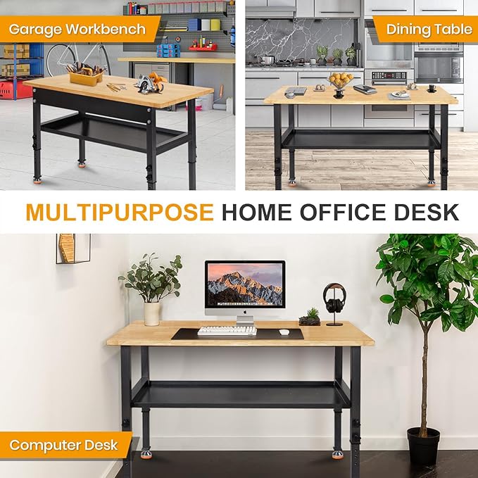 48"/60'' Adjustable Workbench, Rubber Wood Work Bench Heavy-Duty with Partition,2000 LBS Load Capacity Hardwood Work Table for Garage, Workshop, Home, Office, Easy Assembly (w/partition,48'')