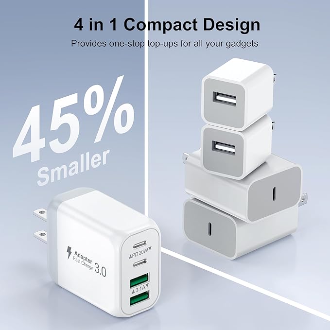 [2-Pack] 40W USB C Wall Plug, 4 Port Fast Charging Block PD 3.0 Multi Port Type C Adapter Cube for iPhone 16/15/14/13/12/Pro Max Plus/XR/SE,iPad/Pro/Mini/Air,AirPods4,watch10,Galaxy