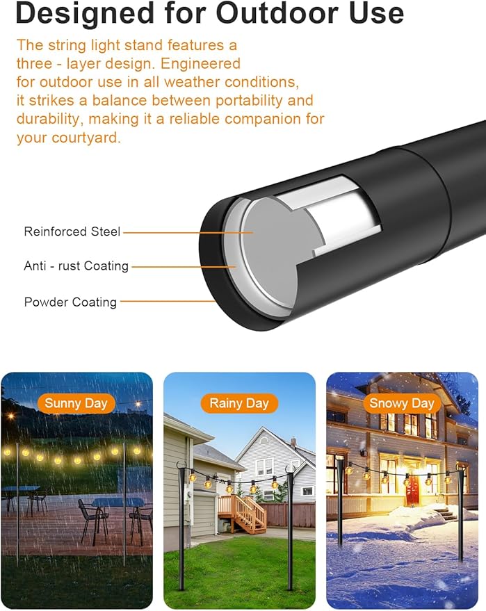 4 Pack String Light Poles for Outside, Thickened Metal Lights Hanger Pole Outdoor with Fork, Lighting Hanging Post Accessories for Patio Decor Garden Backyard Yard Front Porch Outside Decorations