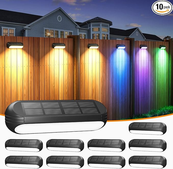 Outdoor Solar Lights for Outside, 10 Pack Bright Solar Fence Lights with Multi-Color Changing & Warm White Mode, Upgraded Solar Step Lights Outdoor Waterproof for Garden Deck Post Stair Wall