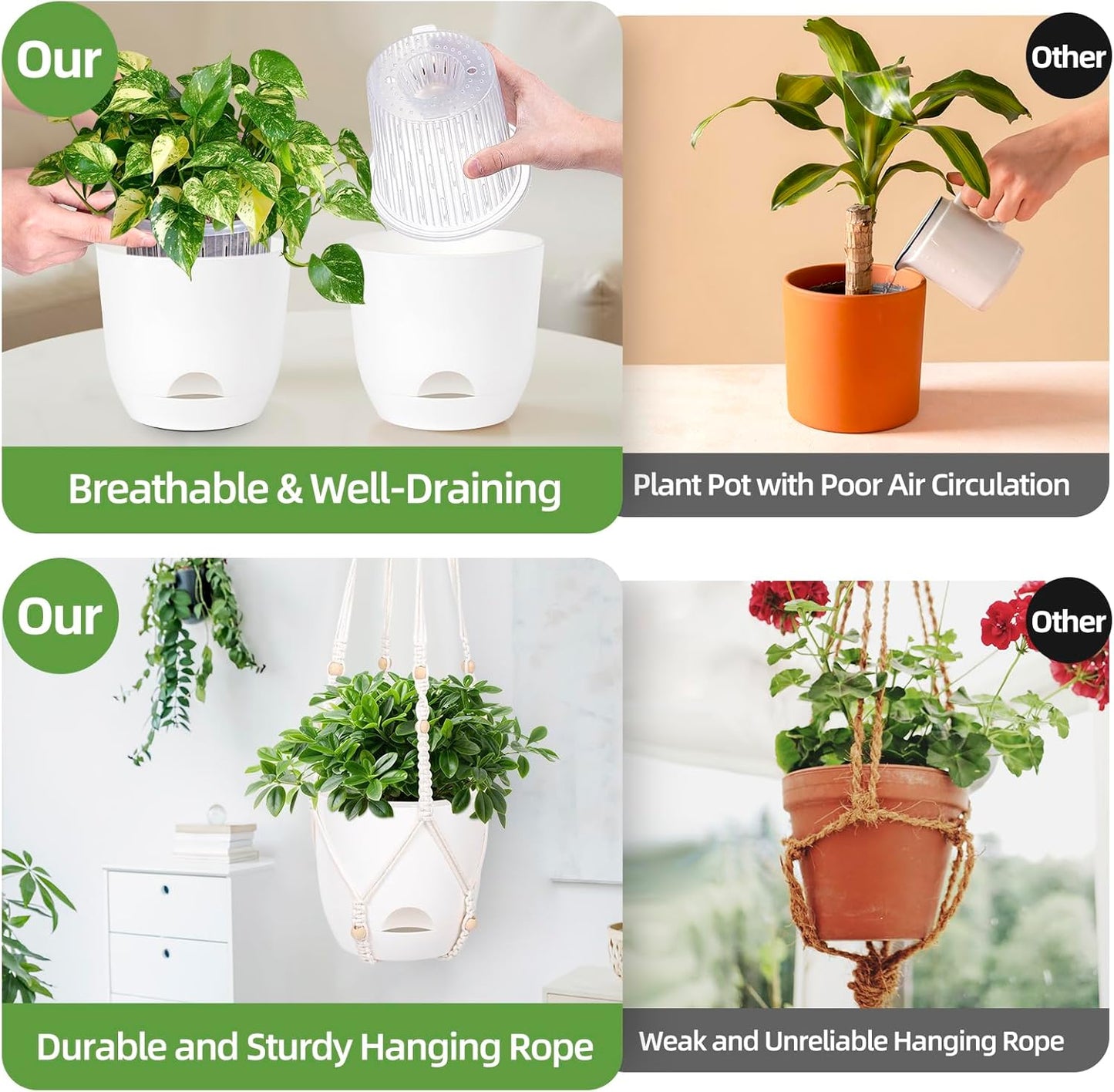 2-Pack 7.1-Inch Self-Watering Hanging Planters for Indoor & Outdoor Plants,34Inch Macrame Hanger Plant Pots Indoor with Drainage,Small Hanging Planters & Baskets,With Two Sets of Hooks（Pure white）