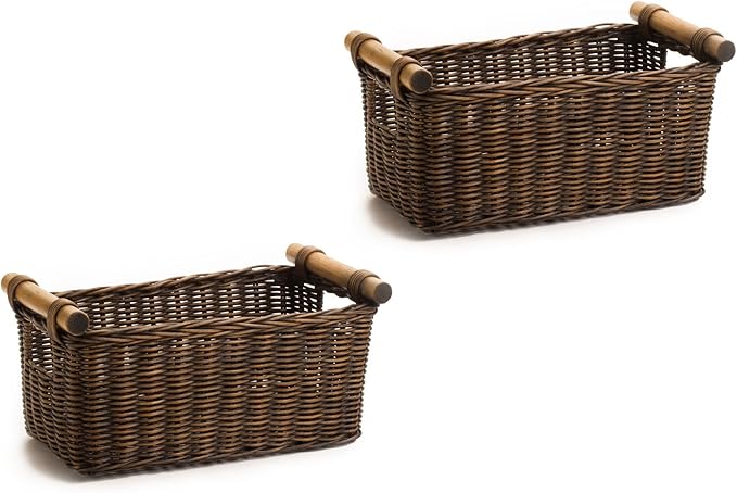 The Basket Lady Petit Wicker Storage Basket, 2 pcs Medium, Antique Walnut Brown