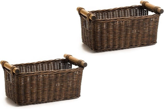 The Basket Lady Petit Wicker Storage Basket, 2 pcs Medium, Antique Walnut Brown