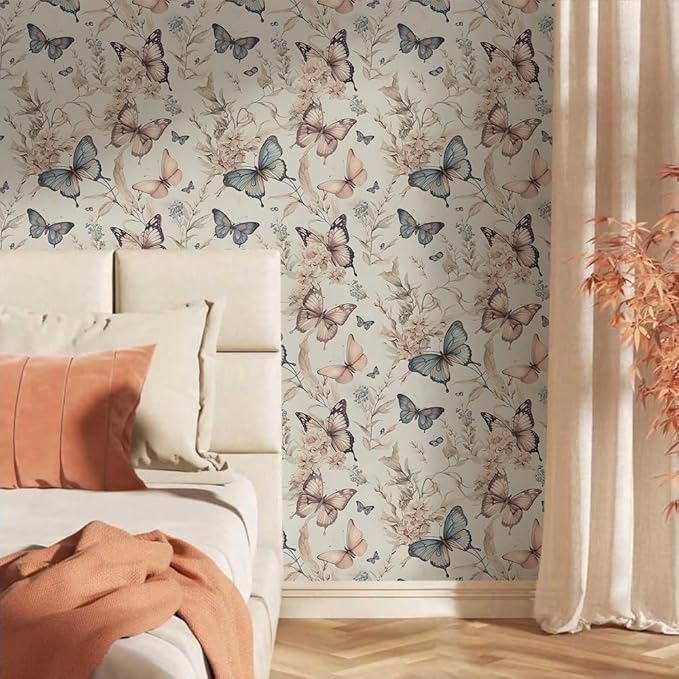 Wonderland Boho Butterfly Flowers Peel and Stick Wallpaper Self Adhesive Removable Easy Peel Off Stick on Wall Paper for Bedroom Cabinet Renter Friendly