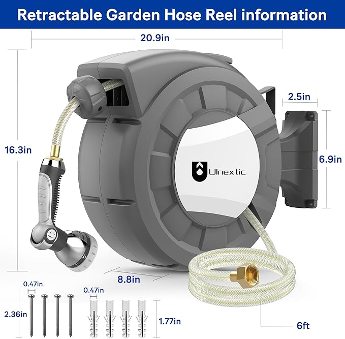 Retractable Garden Hose Reel, 1/2 in x 100 ft Wall Mounted Hose Reel, 10-Pattern Spray Nozzle, Any Length Lock/Slow Return System/Wall Mounted/180°Swivel Bracket