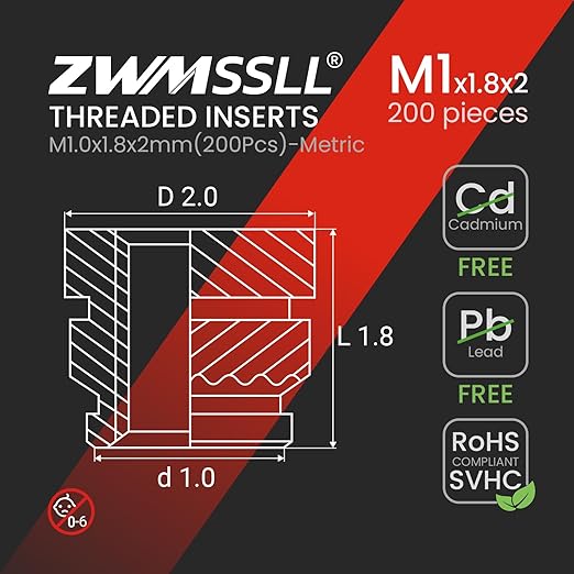 M1 Heat Set Threaded Inserts,200 Pieces Heat Set Insert for 3D Printing Components and Plastic Parts,M1.0x1.8x2mm Brass Knurled Nuts