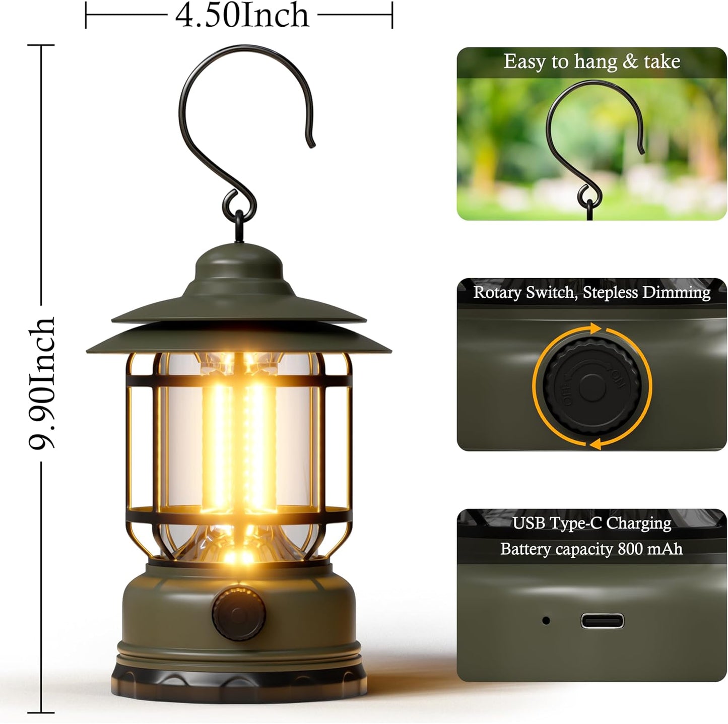 Portable LED Camping Lanterns,1500LM Step-less Dimming, Lightweight Retro Battery Powered USB Rechargeable Tent Lights,Survival Kits Flashlight for Power Outage Emergency Hiking Hurricane 3 Pack Green